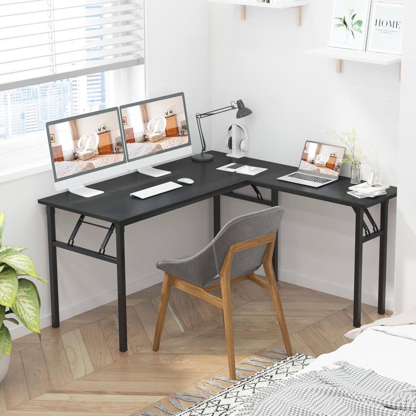 DlandHome Reversible L-Shaped Desk Large Corner Desk Folding Table Computer Desk Home Office Table Computer Workstation, Brown Black, ND11
