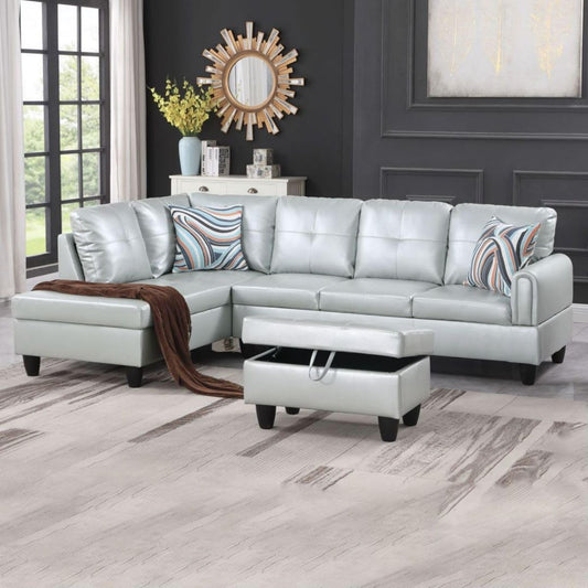 Silver Green L-Shaped 3-Piece Faux Leather Sofa with Storage Ottoman Set, Sectional Couch Sofa Set for Living Room, Office, Small Space