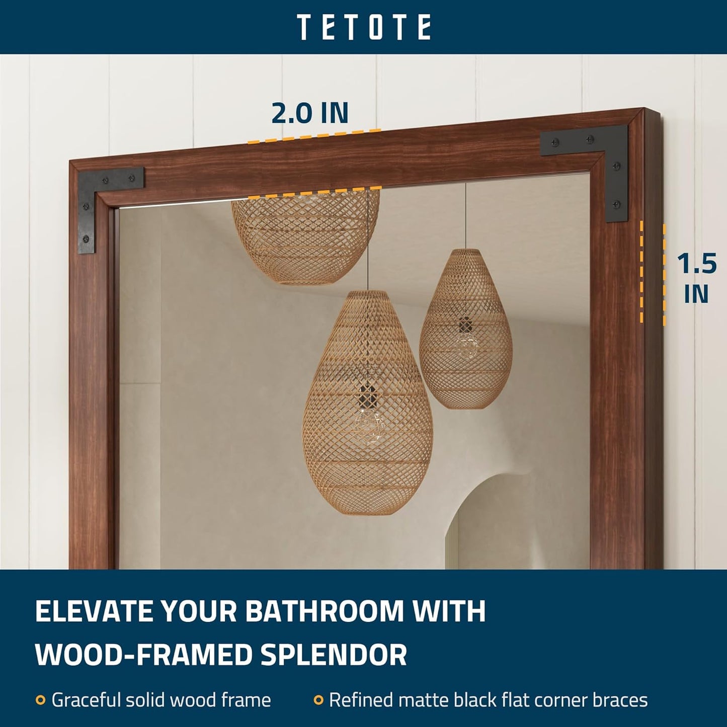 TETOTE 48 x 36 Walnut Wood Framed Mirror for Bathroom Wall/Bedroom/Living Room/Entryway Farmhouse Rustic Bathroom Vanity Mirror for Wall Waterproof (Horizontal/Vertical Mounted)