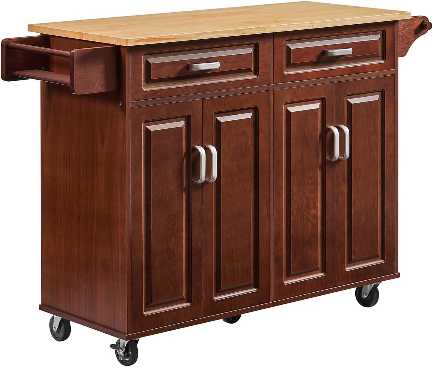 Walnut 54" Rolling Kitchen Island on Wheels, Large Kitchen Cart with Storage Cabinet, Portable Wood Island Table with 2 Drawers and Spice Rack & Towel Rack, Brown