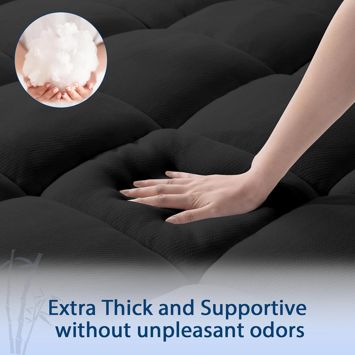 ELEMUSE Full Black Cooling Bamboo Viscose Mattress Topper for Back Pain, Extra Thick Mattress Pad Cover, Plush Soft Pillowtop with Elastic Deep Pocket, Overfilled Down Alternative Filling