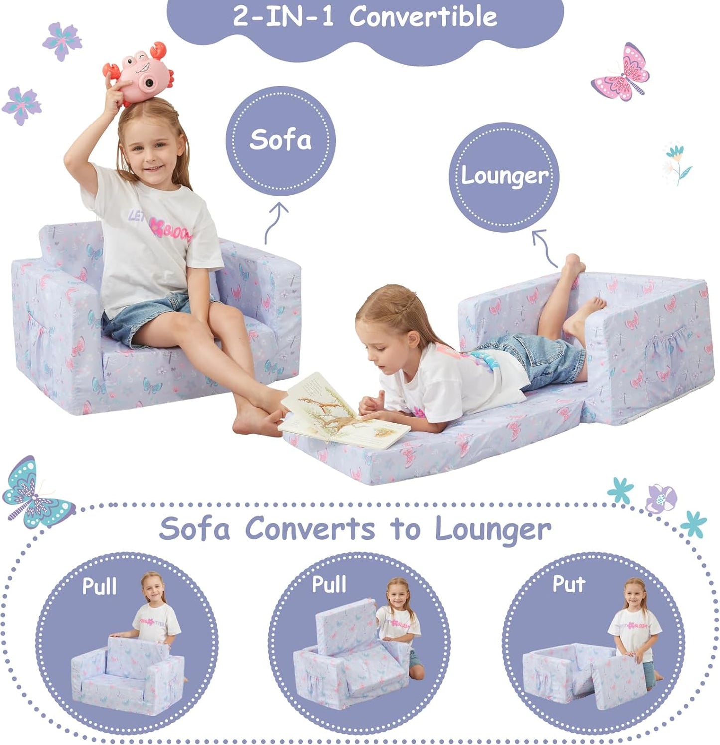 Viviland Kids Chairs for Toddler,2-in-1 Soft Toddler Couch Fold Out,Convertible Soft to Lounger Toddke Chair Comfy for Girls and Boys,Purple Butterfly