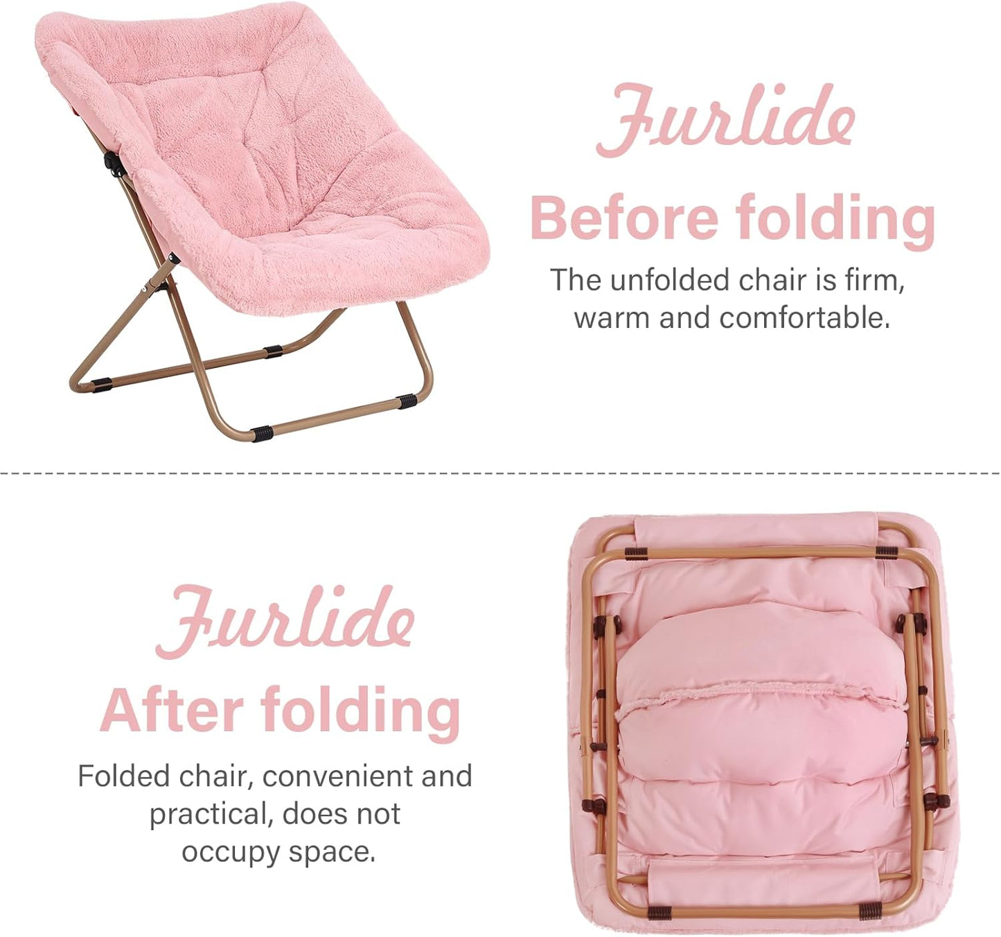Dorm Chair with Ottoman, X-Large Soft Saucer Chair, Oversized Folding Faux Fur Accent Chair, Foldable Metal Frame Chair for Bedroom, Living Room (Pink)