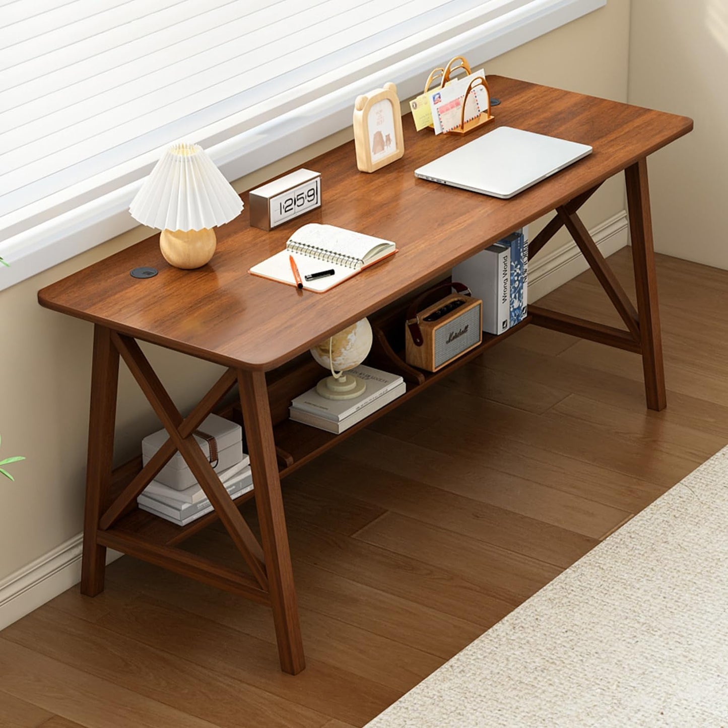 Extra Long Desk with Bookshelf - Wooden Home Office Work Study Table, Writing Computer Workstation with Storage Shelf in Walnut, 55" Wx20 Dx30 H