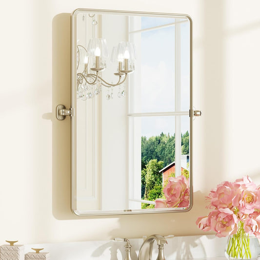 Keonjinn 24 x 36 Inch Pivot Mirror Bathroom, Brushed Nickel Tilt Mirror Bathroom for Wall, Beveled Pivot Rectangle Mirrors for Over Sink, Farmhouse Metal Framed Vanity Mirrors, Horizontal/Vertical