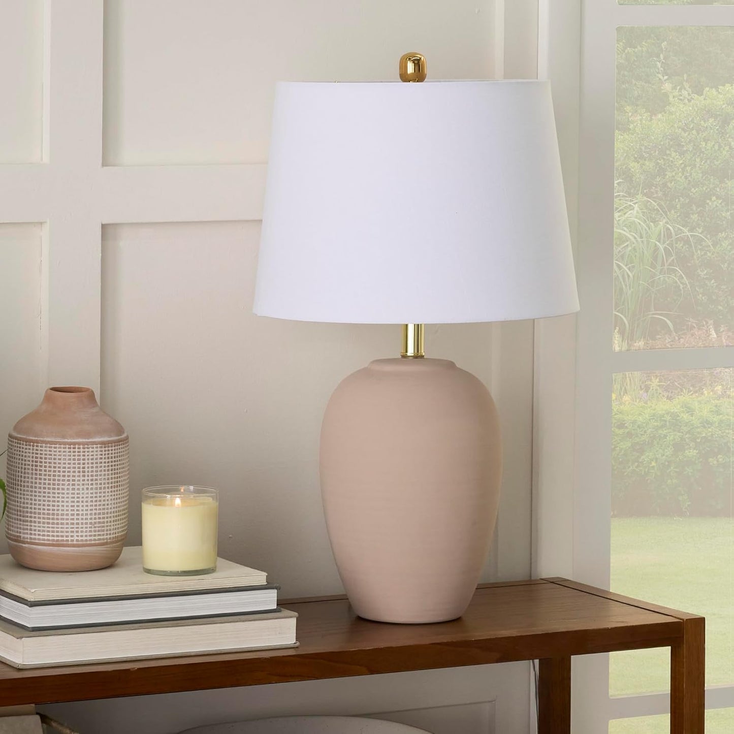 Nourison Home 23" Light Pink Ceramic Jar Table Lamp for Bedroom, Living Room, Dining Office, with White Shade (Pack of 1)