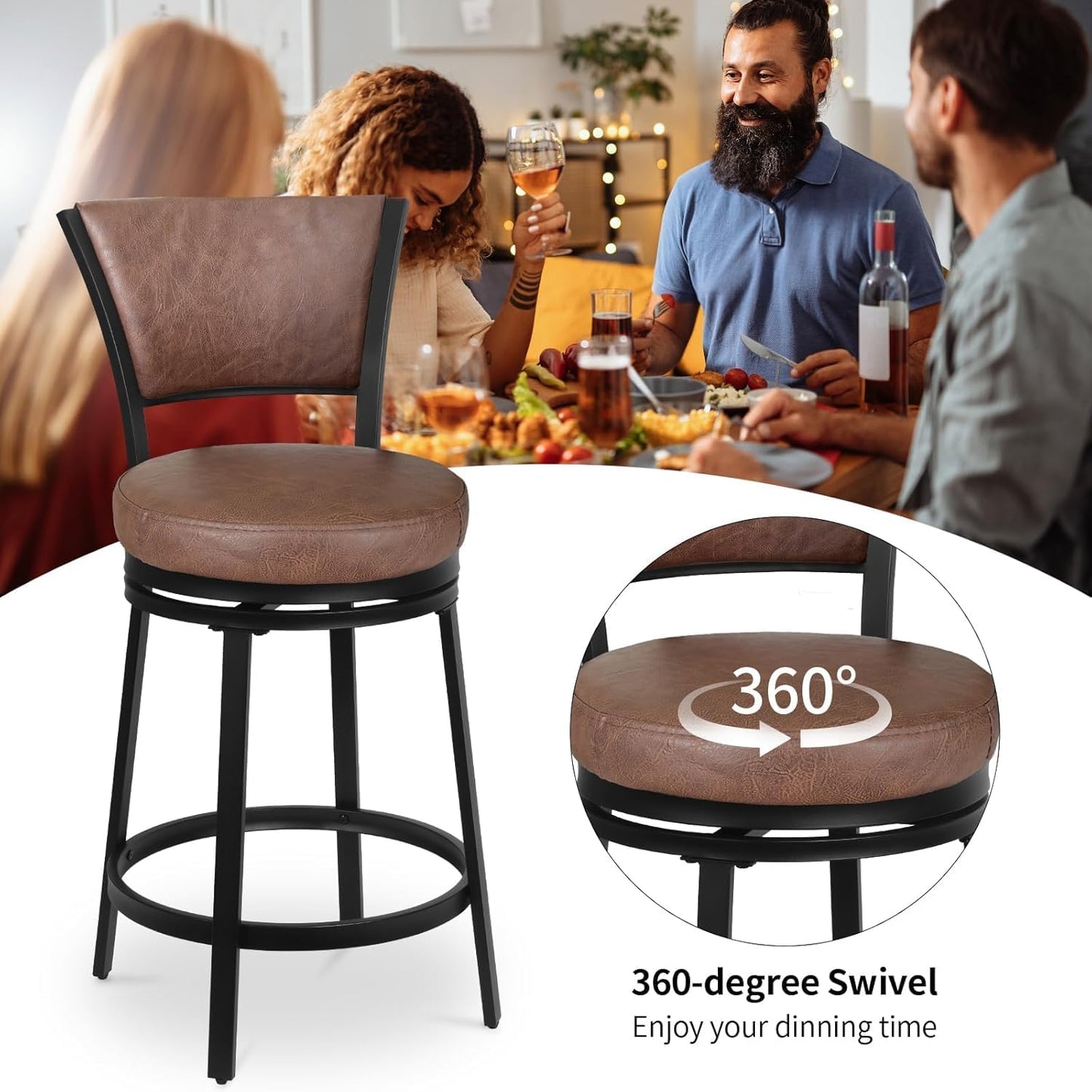 Bar Stools Set of 2, 25 Inch Metal Counter Height Bar Chairs, Modern Faux Leather 360° Round Swivel Barstools with Back, Counter Stools for Kitchen Island, Pub, Brown