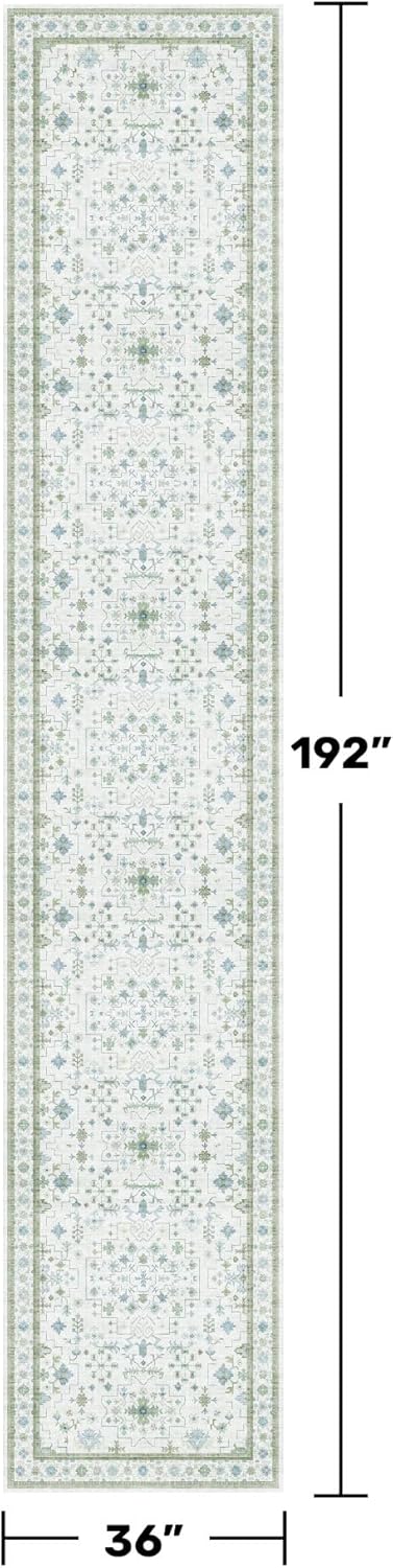 Oushak 3x16 Wide Hallway Runner Rug - Vintage Turkish Floral, Washable Low Pile Non Slip 16ft Extra Long Runners for Large Kitchen, Hall Way - Light Blue and Green Décor