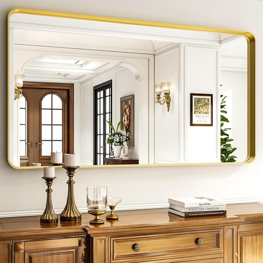 55"x 30" Gold Bathroom Mirror - Aluminum Framed Wall Mirror, Bathroom Wall Mounted Vanity Mirror, Bedroom, Living Room Wall Mirror, Hang Horizontally or Vertically