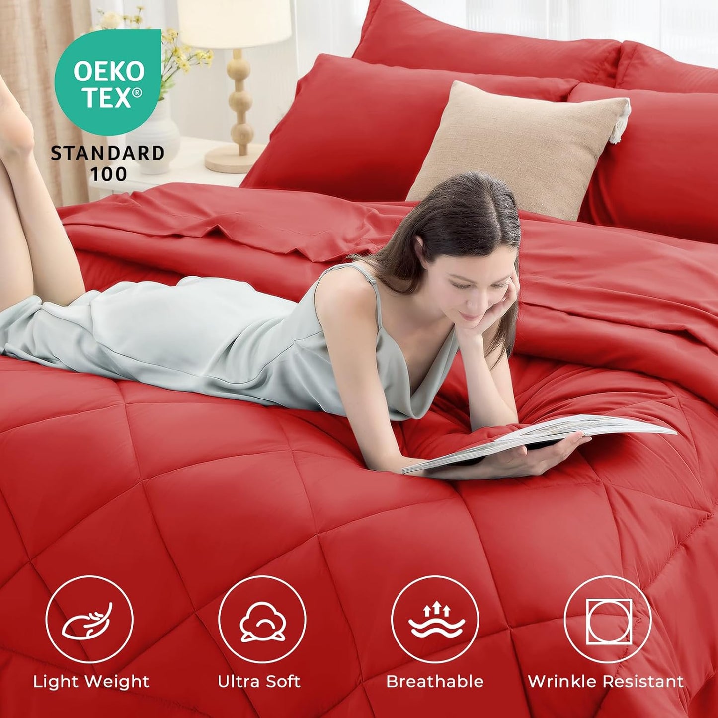 HEVUMYI Red Queen Comforter Set - 7-Piece All Season Bed in a Bag Queen, Ultra Soft Bedding Set with Comforter, Flat Sheet, Fitted Sheet, Pillowcases, Pillow Shams