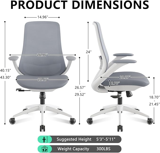 Ergonomic Office Chair, High Back Mesh Desk Chair with Lumbar Support, 360° Swivel & Slide-Adjustable Arms, Tilt Lock and Recline, Breathable Task Chair for Home Office & Gaming (Grey)