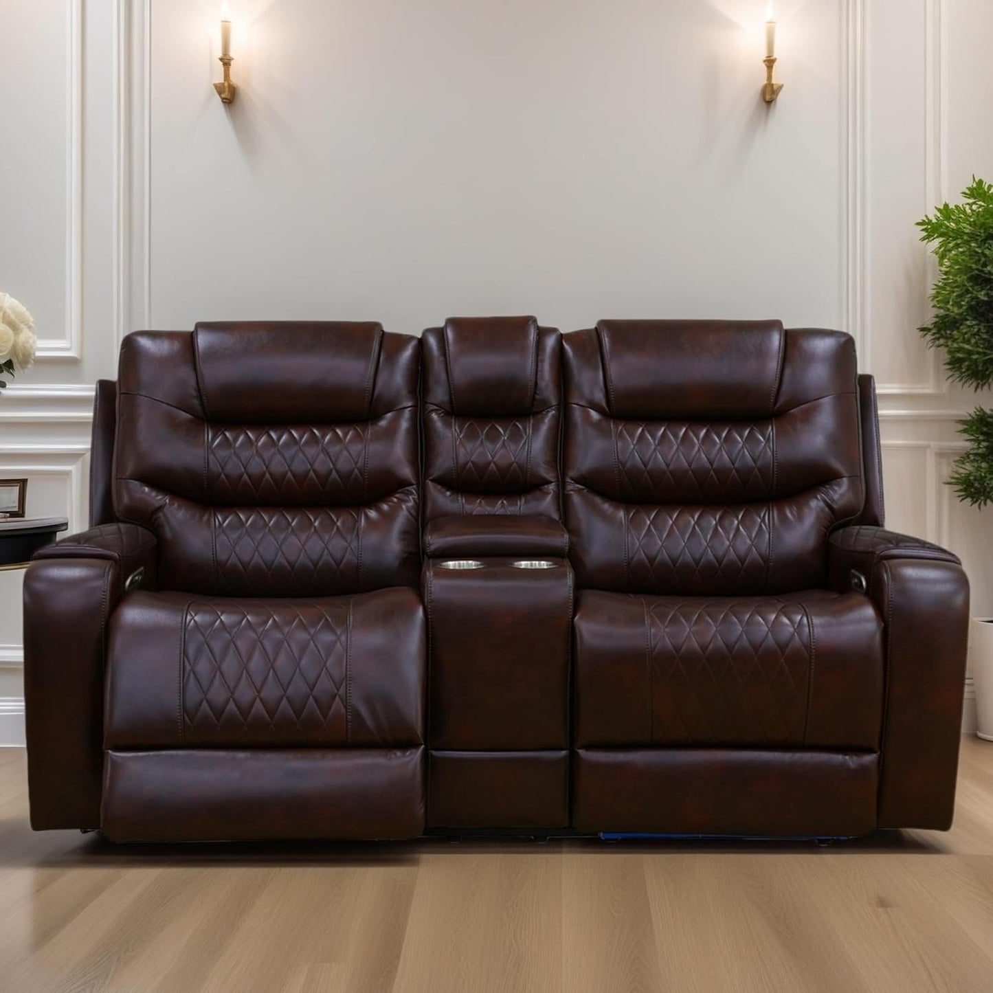 Loveseat Recliner Sofa, Reclining Loveseat Leather Couch with Storage Console, Modern Comfy Home Theater Seating Power Recliner Chair with Cup Holders for Living Room Furniture Sets, Brown