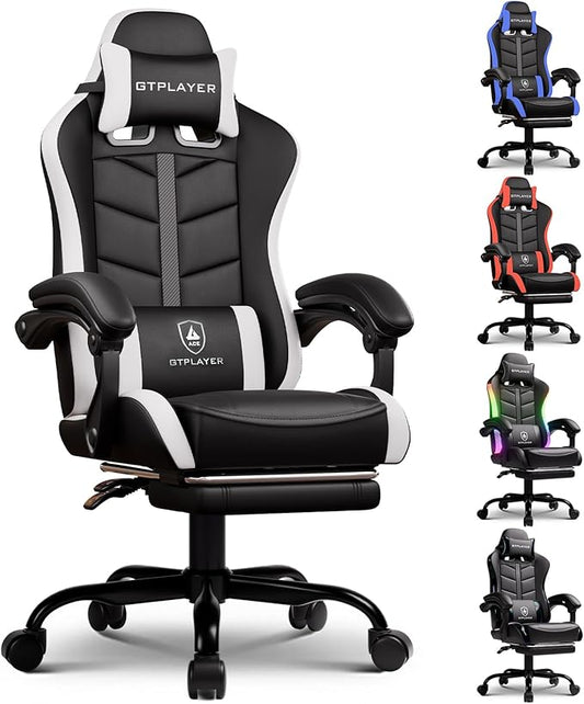GTPLAYER Gaming Chair, Computer Gaming Chairs for Adults with Footrest, Height Adjustable PC Game Chair with 90-155° Recline & Removable Headrest Lumbar Support, Black-White