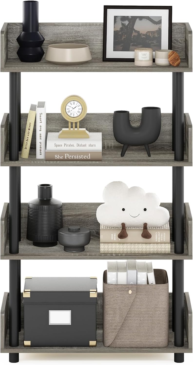 Furinno Turn-N-Tube 4-Tier Multipurposes Display Rack, Open Shelf Rack/Storage with Back & Side Panel, French Oak/Black