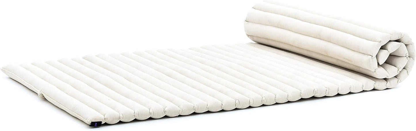 Leewadee - Foldable Floor Mattress - Japanese Roll Up Futon -Trifold Tatami Mat- Guest Floor Bed - Camping Mattress - Thai Massage Mat, Kapok Filled, 75 x 28 inches, Ecru