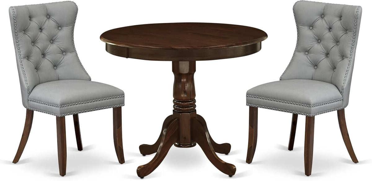 East West Furniture ANDA3-AWA-27 3 Piece Dining Room Table Set Consists of a Round Kitchen Table with Pedestal and 2 Polyester Fabric Parson Chairs, 36x36 Inch, Antique Walnut