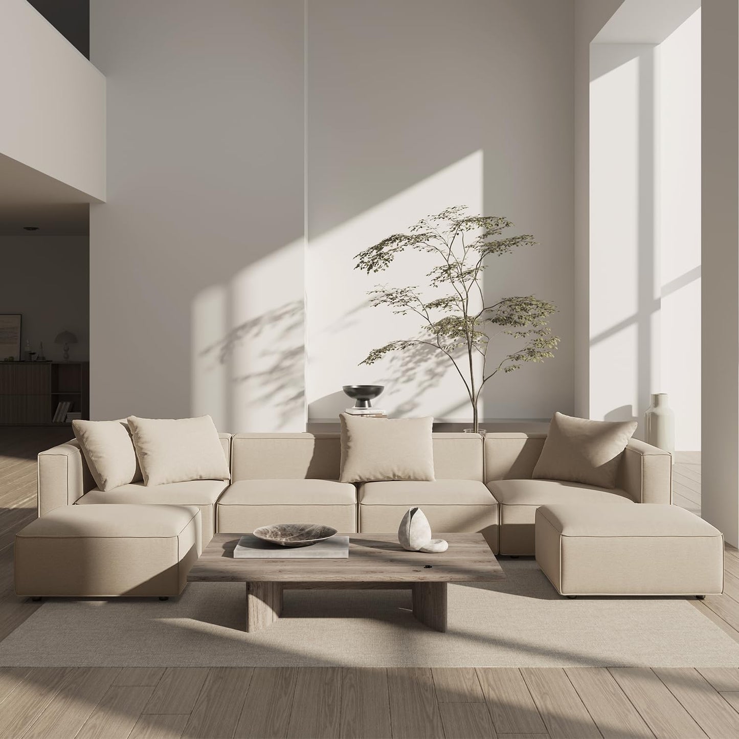 Acanva Luxury Modular Sectional Living Room Sofa Set, Modern Minimalist Style Couch with Ottoman and Chaise, U-Shape, Linen-Like Cream