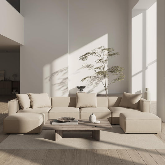 Acanva Luxury Modular Sectional Living Room Sofa Set, Modern Minimalist Style Couch with Ottoman and Chaise, U-Shape, Linen-Like Cream
