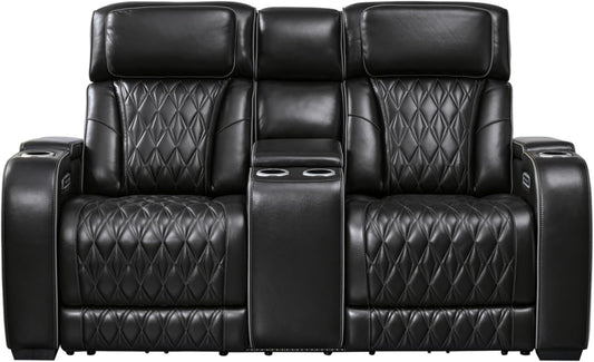 Signature Design by Ashley Boyington Modern Leather Match Power Reclining Loveseat with Console, Adjustable Headrest, Massage, Heated Seat and LED Lights, Black