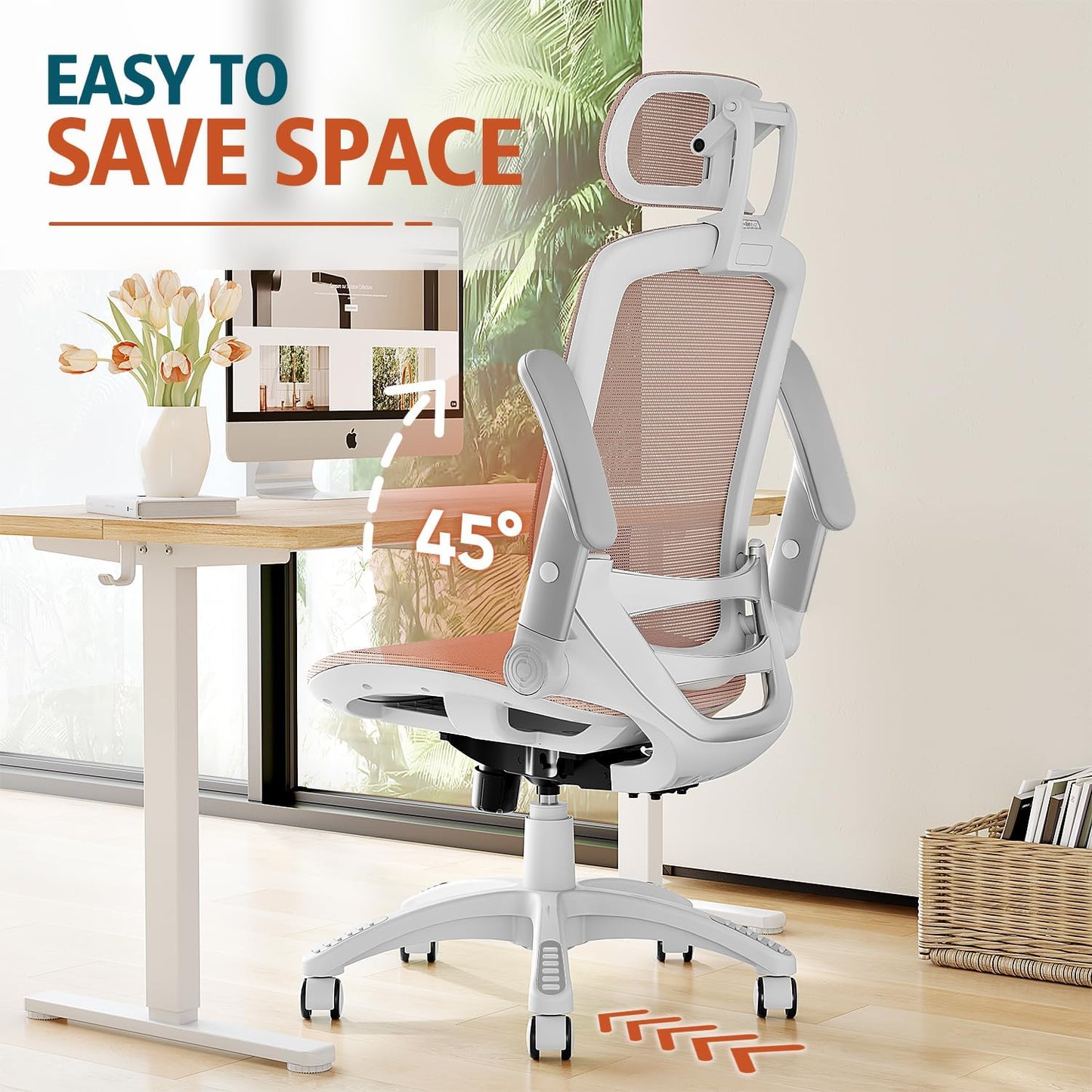 GABRYLLY Ergonomic Office Chair, High Back Home Desk Chair with Headrest, Flip-Up Arms, 90-120° Tilt Lock and Wide Cushion, 400LBS Mesh Chairs for Man Woman, White Task Chair(Pink,GY01WPK)