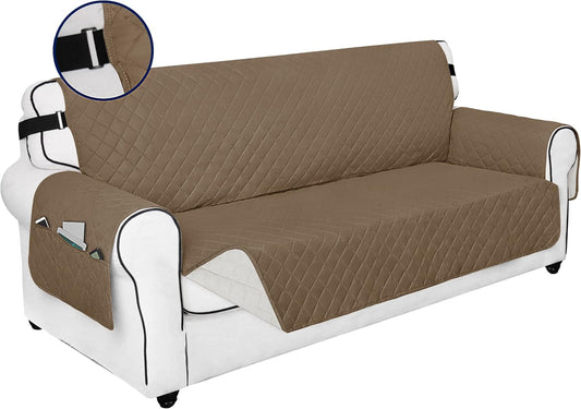 PureFit Reversible Sofa Couch Cover Water Resistant Couch Covers for 3 Cushion, Washable Furniture Cover with Non-Slip Foam and Adjustable Strap for Dogs, Pets (Oversized Sofa, Camel/Ivory)