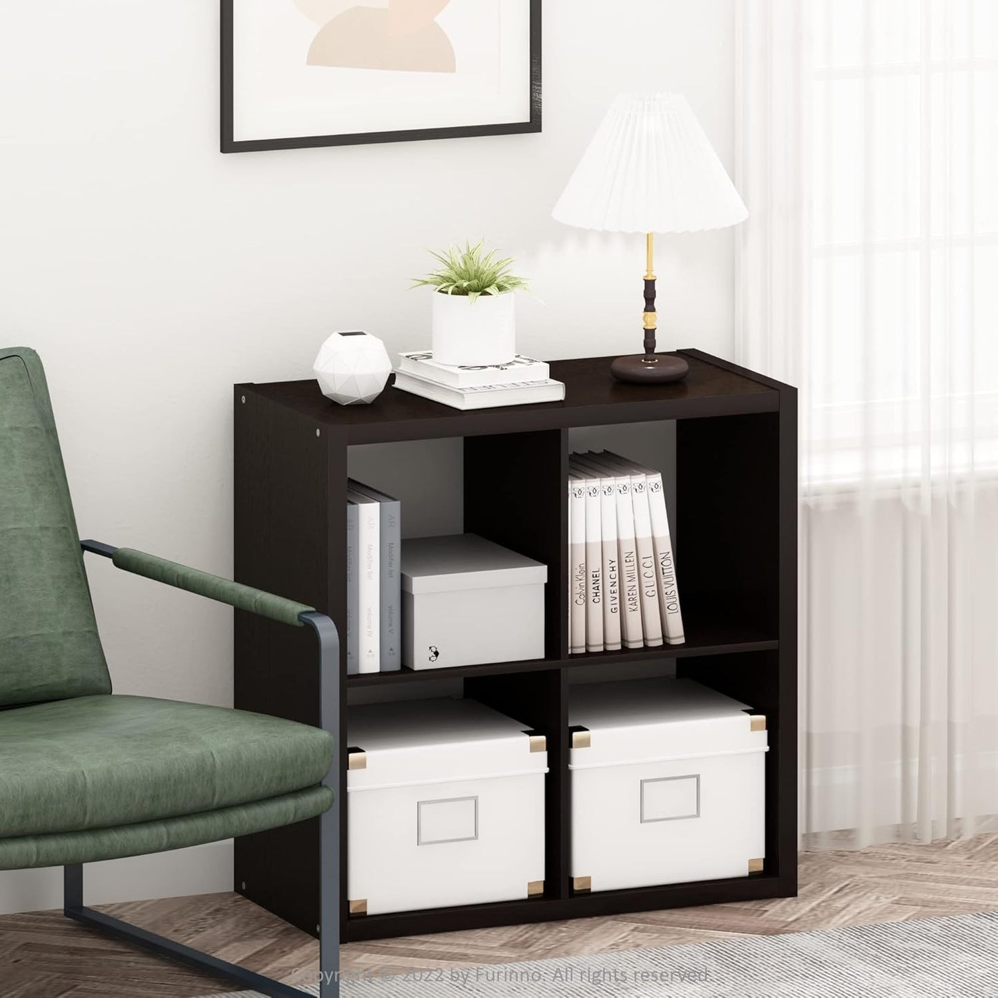 Furinno Cubicle Open Back Decorative Cube Storage Organizer, 4-Cube, Black Dark Oak