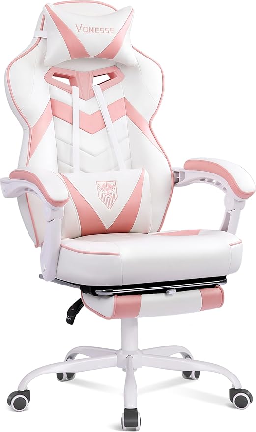 Vonesse Gaming Chair, High Back Pink Gaming Chair with Footrest and Massage, Gaming Chairs for Adults with Pocket Spring Cushion, Big and Tall Reclining Computer Chair with Lumbar Support (White/Pink)
