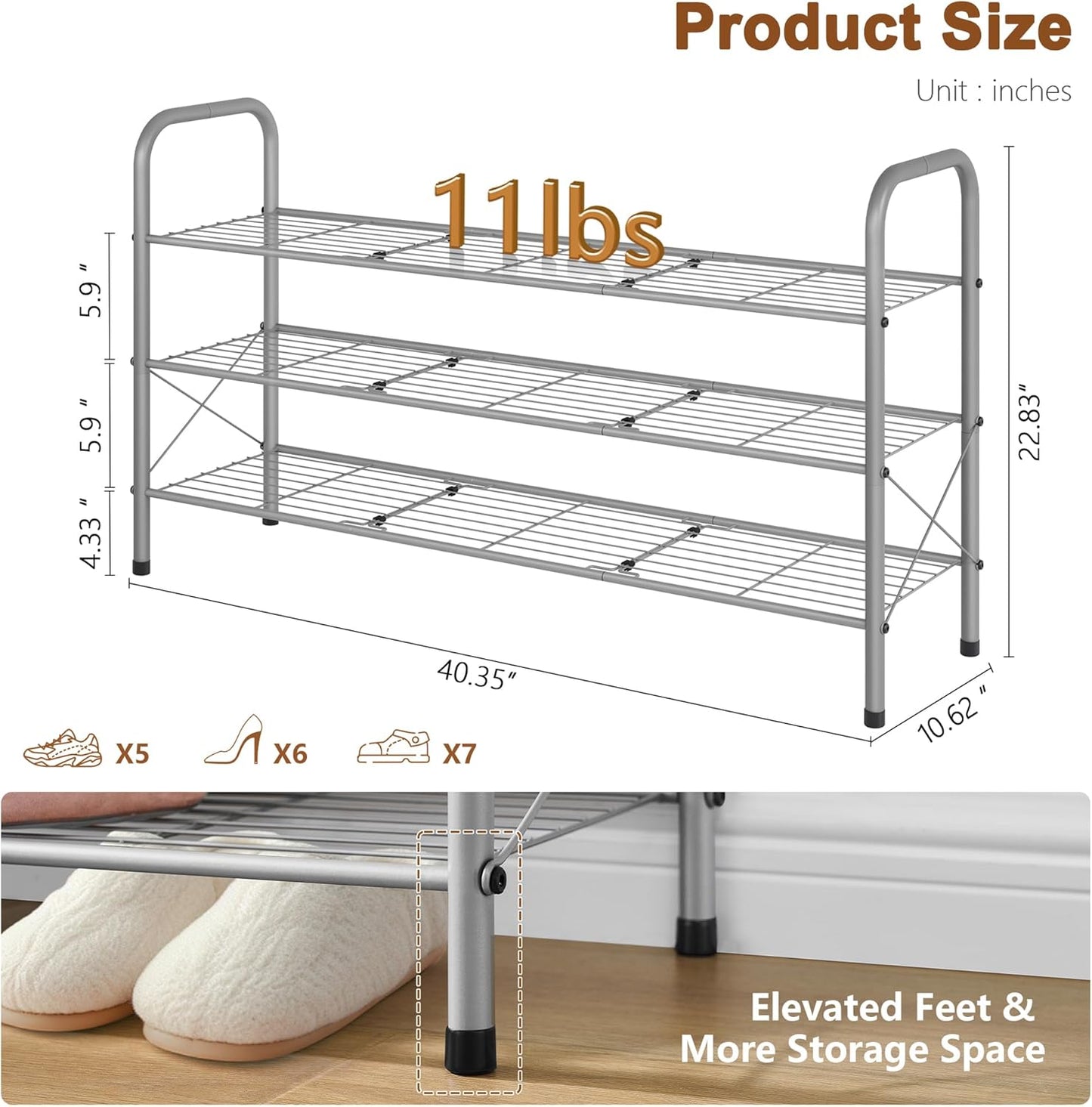 Hoctieon 3 Tier Mesh Style Shoe Rack, Entryway Shoe Shelf, Shoe Storage Organizer, Shoe Rack for Closet, Space Save for Bathroom, Garage, Hallway, Bedroom, Living Room, Grey