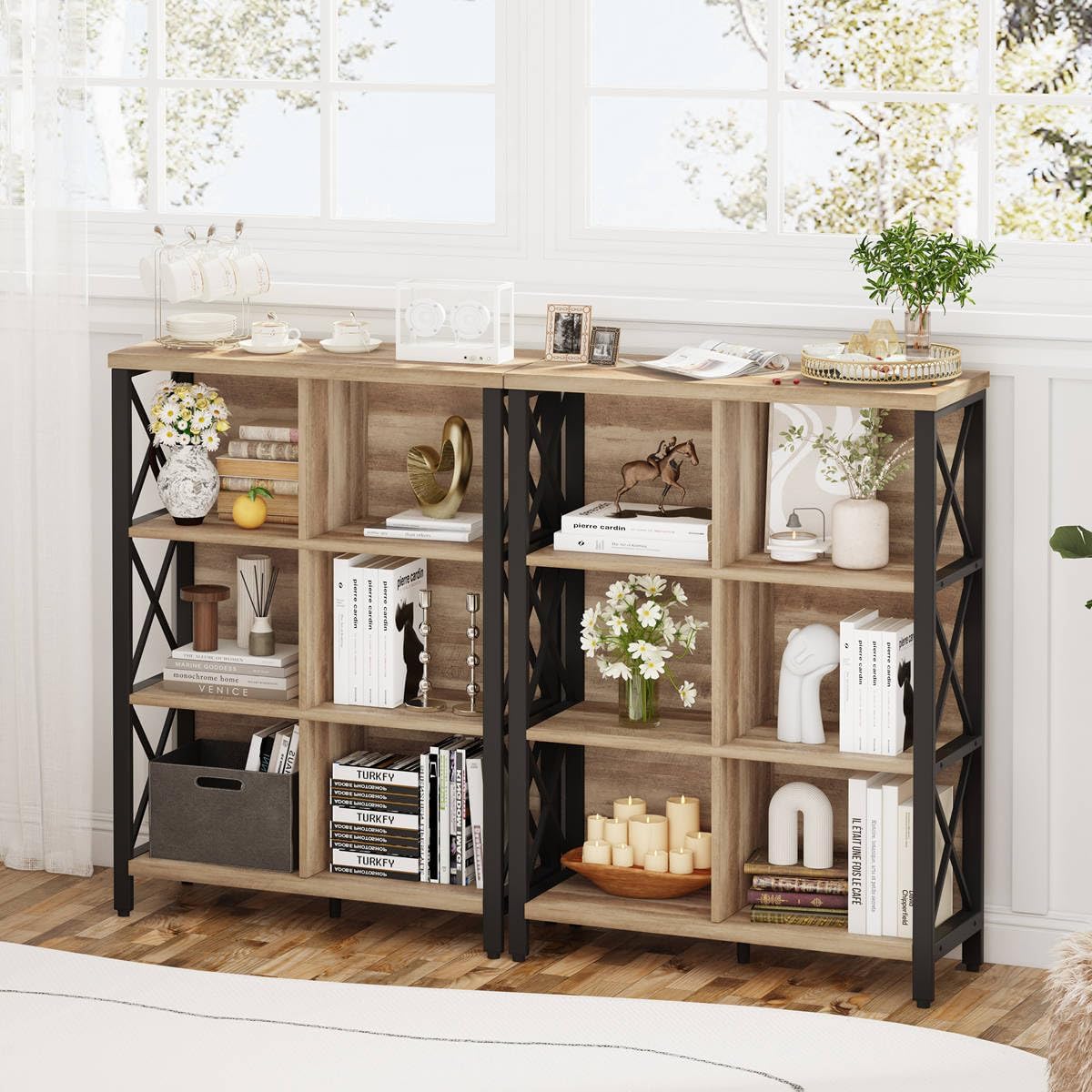 FATORRI 6 Cube Storage Organizer Shelf, Wood and Metal Cubby Bookcase, Industrial 4 Tier Cube Bookshelf (Rustic Oak)