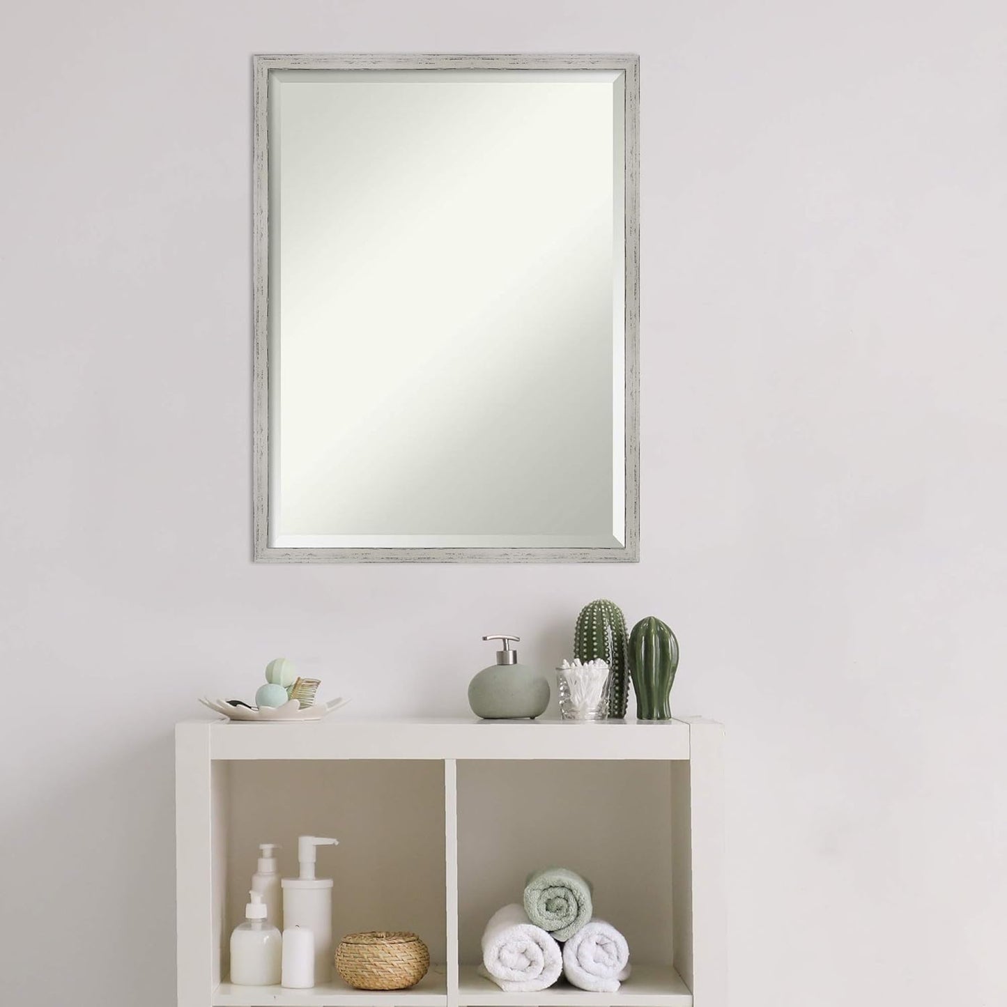 Amanti Art White Bathroom Mirror for Over Sink, 25x19 Shiplap White Narrow Rectangle Vanity Mirror, Medium Coastal Wood Frame, Hangs Horizonally and Vertically, Bathroom Wall Decor, Beveled Edge