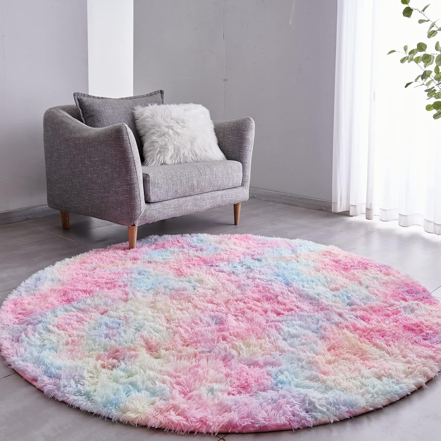 FJZFING Rainbow Round Rug Ultra-Soft Plush Modern 7x7 Circle Area Rug for Kid's Bedroom, Fluffy Shag Circular Rug for Nursery Room, Non-Slip Home Decor Colorful Carpet for Teen's Room