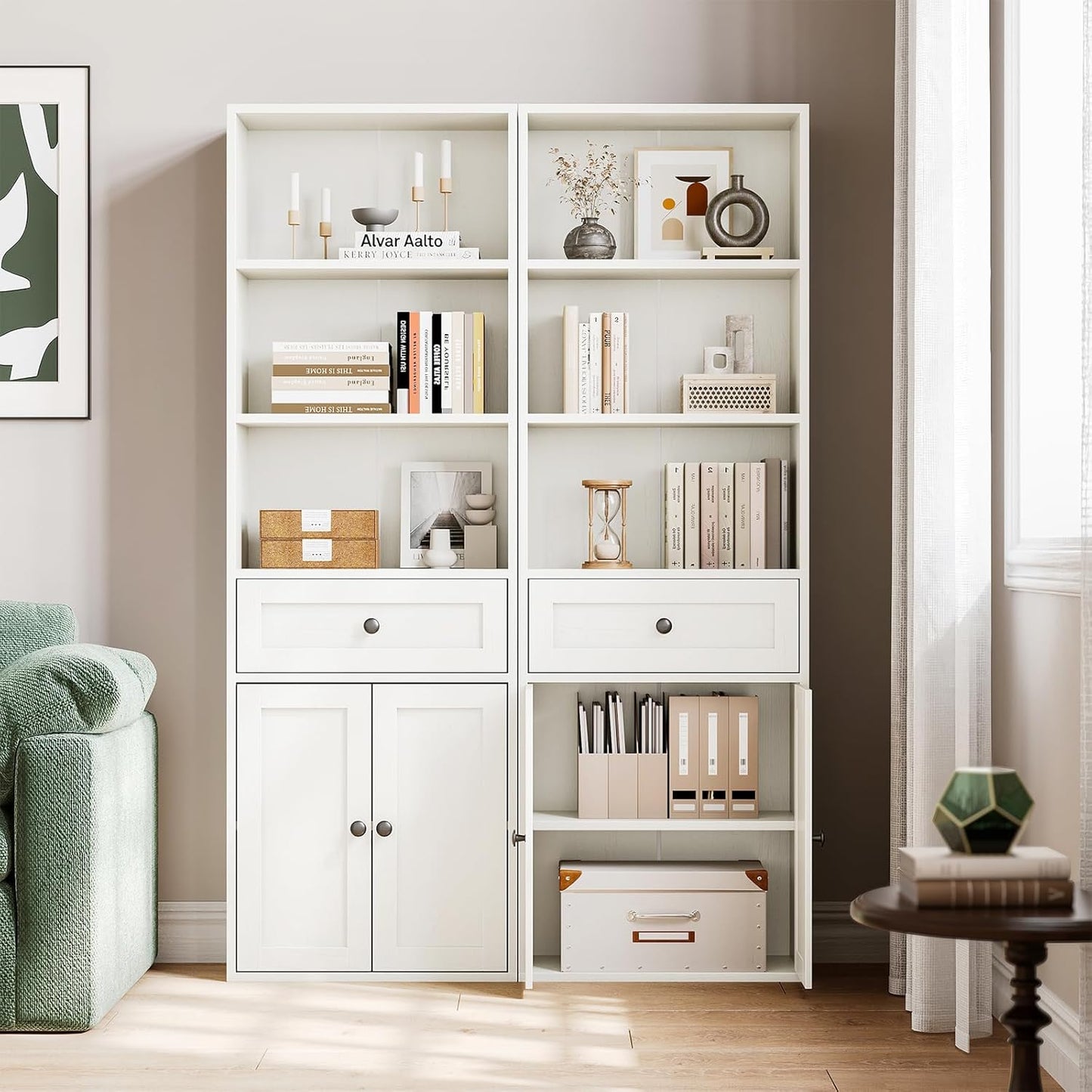 Casaottima Bookshelf and Bookcase with Doors and Drawer, Floor Standing 6-Tier Shelf Display Storage Shelves, Tall Bookcases for Home Office, Living Room, White