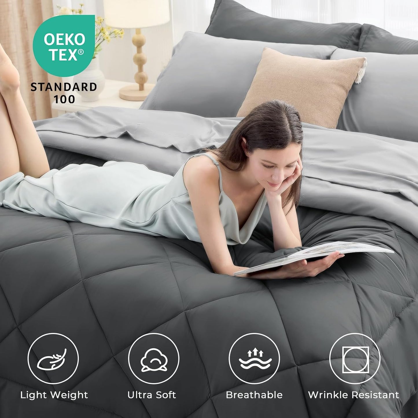 HEVUMYI Queen Comforter Set - 7-Piece All Season Bed in a Bag Queen, Ultra Soft Bedding Set with Comforter, Flat Sheet, Fitted Sheet, Pillowcases, Pillow Shams, Dark Grey & Light Grey