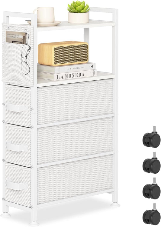 3 Drawer Small Narrow Side End Table for Small Spaces, Slim Nightstand Bedside Sofa Table with Wheels, Space Saving Skinny Thin Couch Desk with Storage Bag for Bedroom Living Room Bathroom,White