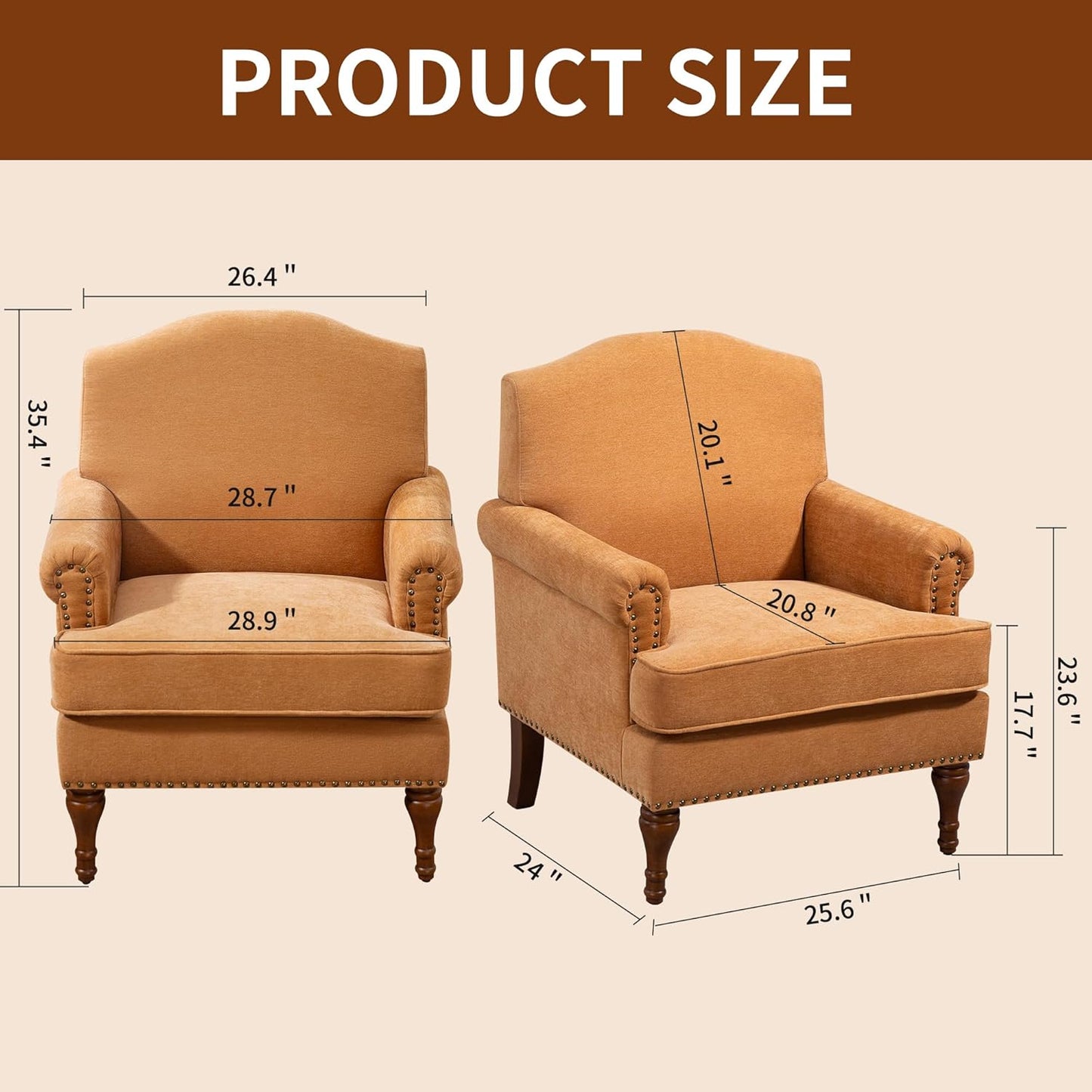 Ball & Cast Accent Chair with Nailhead Trim Armchair,Comfy Chenille Club Sofa Living Room Chairs w/Springs Cushions & Wood Legs,Traditional Single Couch for Bedroom,Farmhouse,Orange