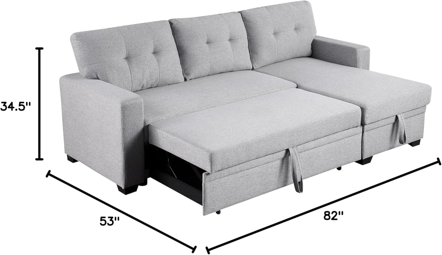 82 Inch Convertible Sleeper Sectional Sofa with Storage Chaise and Pull-Out Bed, Linen Upholstered Reversible Corner Couch, Modular L Shaped Couches for Living Room, Home Furniture, Light Gray