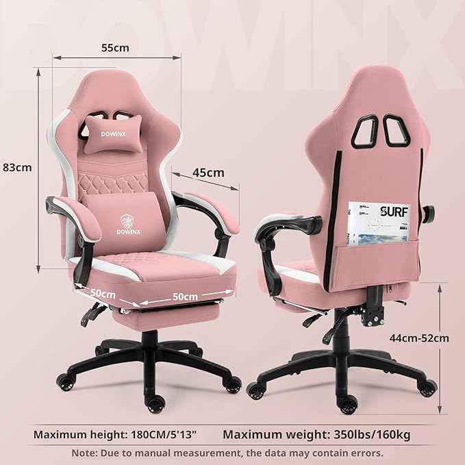Dowinx Gaming Chair Breathable Fabric Game Chair with Gel Pad and Storage Bag, Comfortable Gamer Chair with Pocket Spring Cushion,Ergonomic Computer Chair with Footrest,Pink