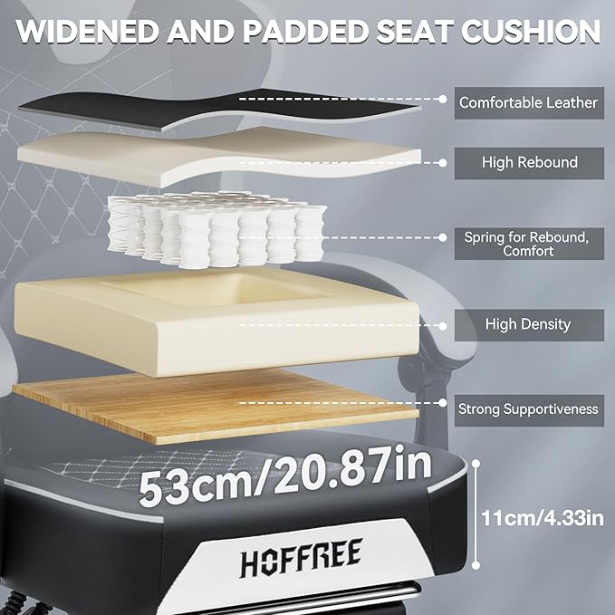 HOFFREE Gaming Chair with Speakers Massage Computer Gaming Chair with Pocket Spring Cushion for Adults Reclining Gamer Chair with Bluetooth Video Game Chairs with Footrest White and Black