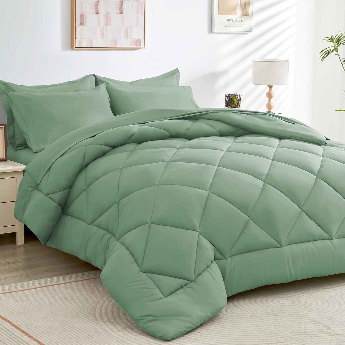 HEVUMYI Light Green Twin-XL Comforter Set - 5-Piece All Season Bed in a Bag Twin-XL, Ultra Soft Bedding Set with Comforter, Flat Sheet, Fitted Sheet, Pillowcases, Pillow Shams