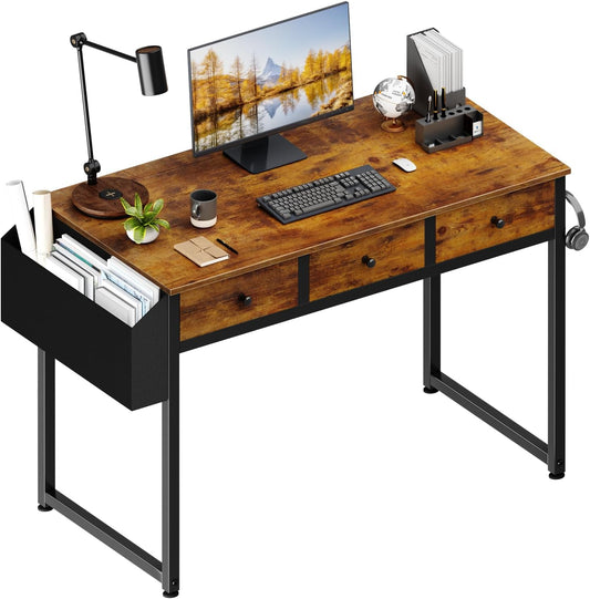 Lufeiya 40 Inch Desk with Drawers for Bedroom - 39 Inch Home Office Desks with 3 Fabric Storage Drawer and Pocket, Study Writing Table Rustic Computer Desk, Vintage Brown