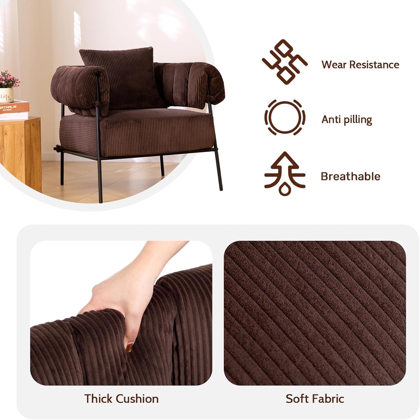 HollyHOME Modern Velvet Accent Chair, Upholstered Comfy Reading Chair, Fabric Large Lazy Arm Chair with Soft Cushion, Metal Frame Lounge Sofa Chair for Living Room, Bedroom, Balcony, Coffee
