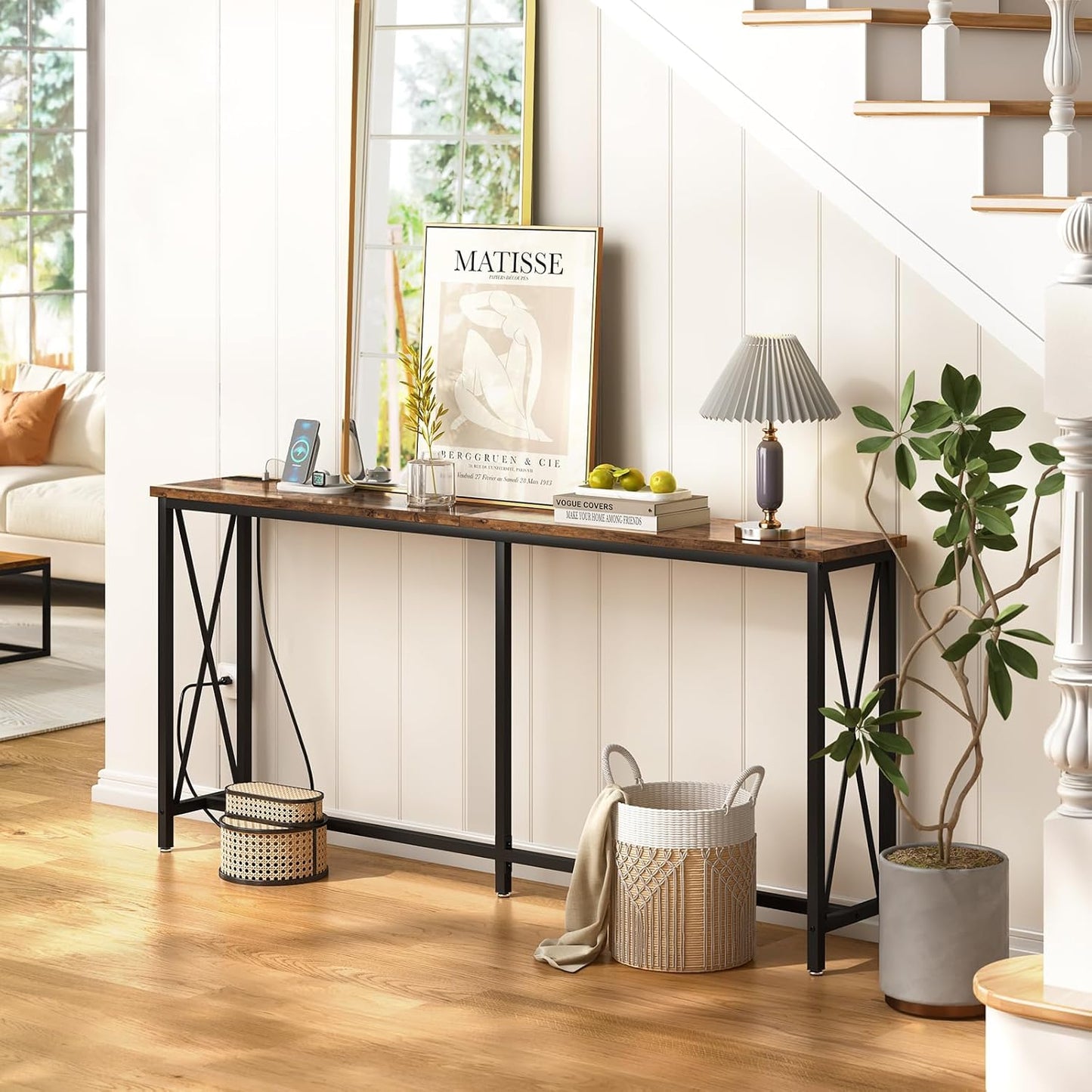 SUPERJARE 70 Inch Console Table with Outlets and USB-C Port, Extra Long Behind Couch Sofa Table with X-Shaped Design, Narrow for Entryway, Living Room, Metal Frame, Wooden Top, Rustic Brown