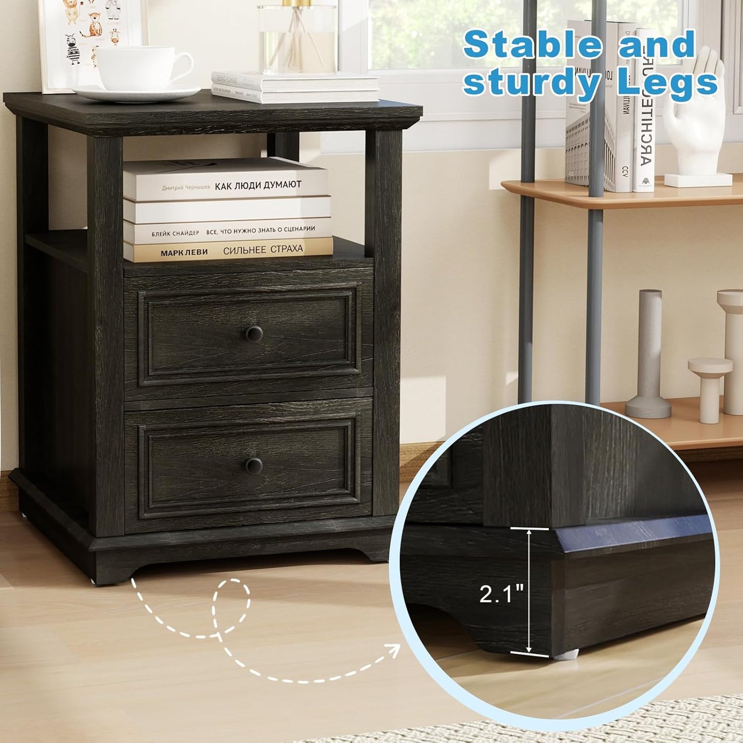Vipbear Farmhouse Nightstand 18" Dark Gray End Table with Charging Station & 2 Drawers, Rustic Bedside Table with Storage Shelf for Bedroom, Living Room,18.1" D x 18.1" W x 24.2" H