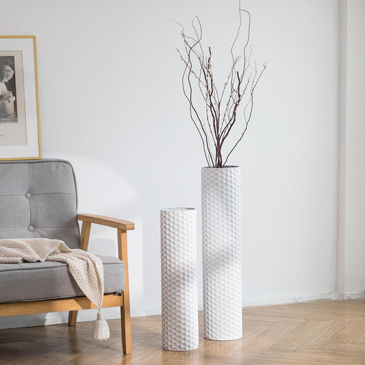Sziqiqi White Tall Vases for Floor: 27.6/21.7in Metal Cylinder Handmade Flower Holder Extra Large Decorative Vase Set of 2 Modern Honeycomb Texture Big Standing Vase for Living Room Home Corner