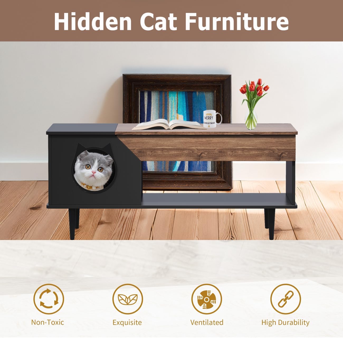 GAOMON Black Coffee Table 45'' Cat Living Room Tables with Storage Drawer, Wooden Rustic Coffee Table with Cat House, Multifunctional Hidden Kitty Litter Box Furniture