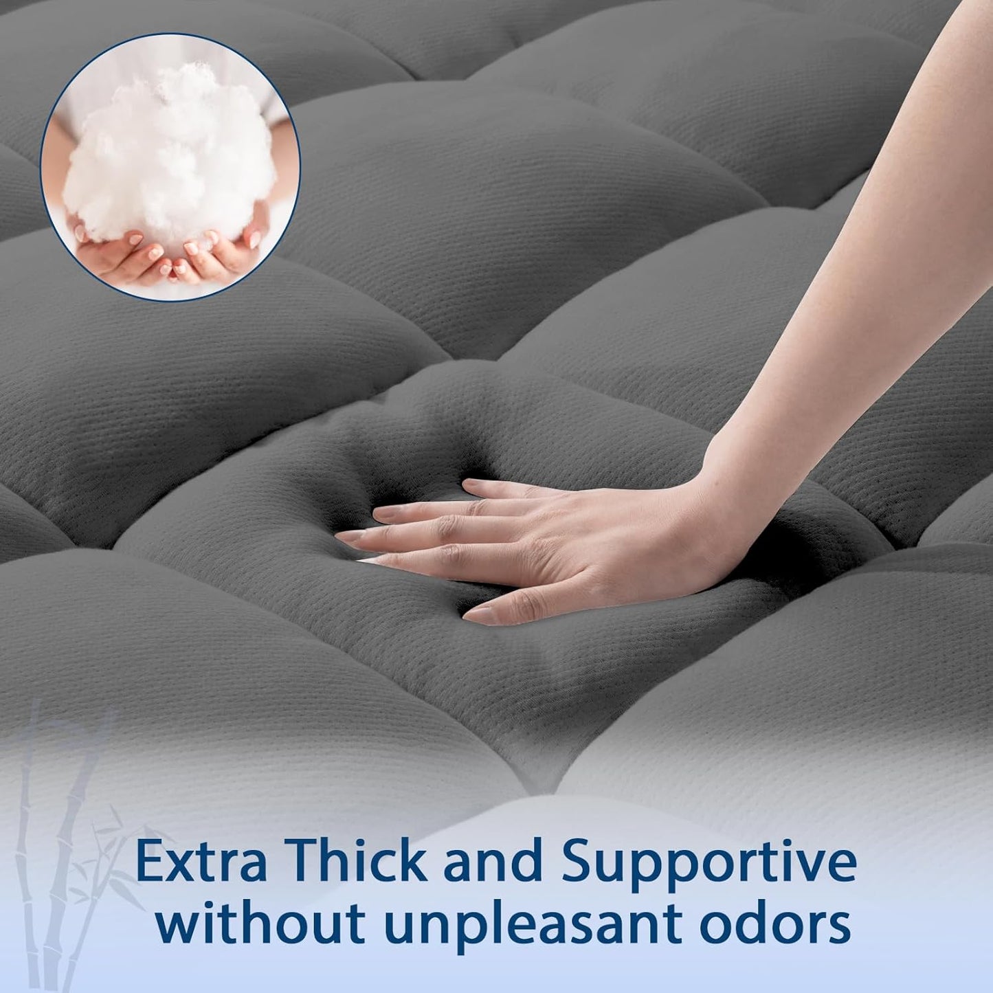 ELEMUSE Twin Grey Cooling Bamboo Viscose Mattress Topper for Back Pain, Extra Thick Mattress Pad Cover, Plush Soft Pillowtop with Elastic Deep Pocket, Overfilled Down Alternative Filling