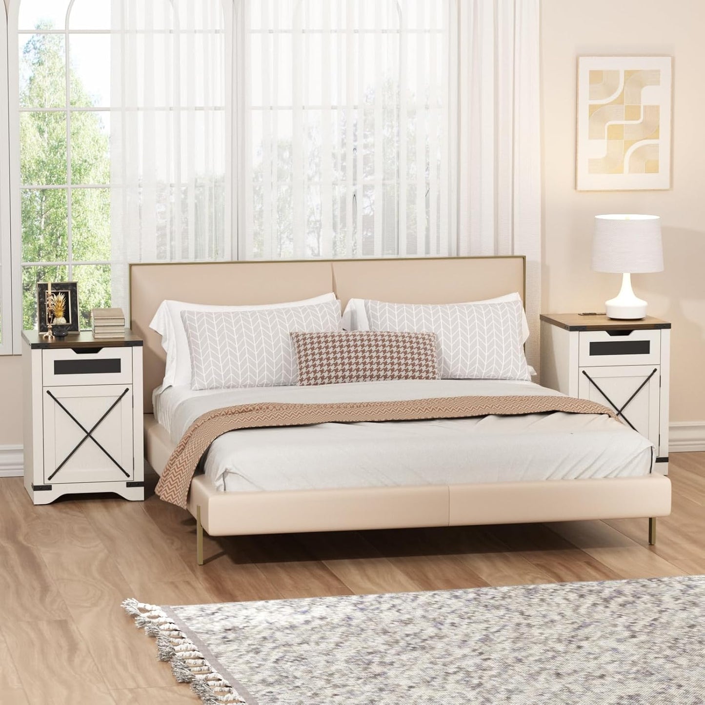 Farmhouse End Table Set of 2 with Charging Station, 26.4" Tall Rustic Nightstand with Drawer and X Barn Door, Antique White Country Bedside Sofa Side Table for Living Room
