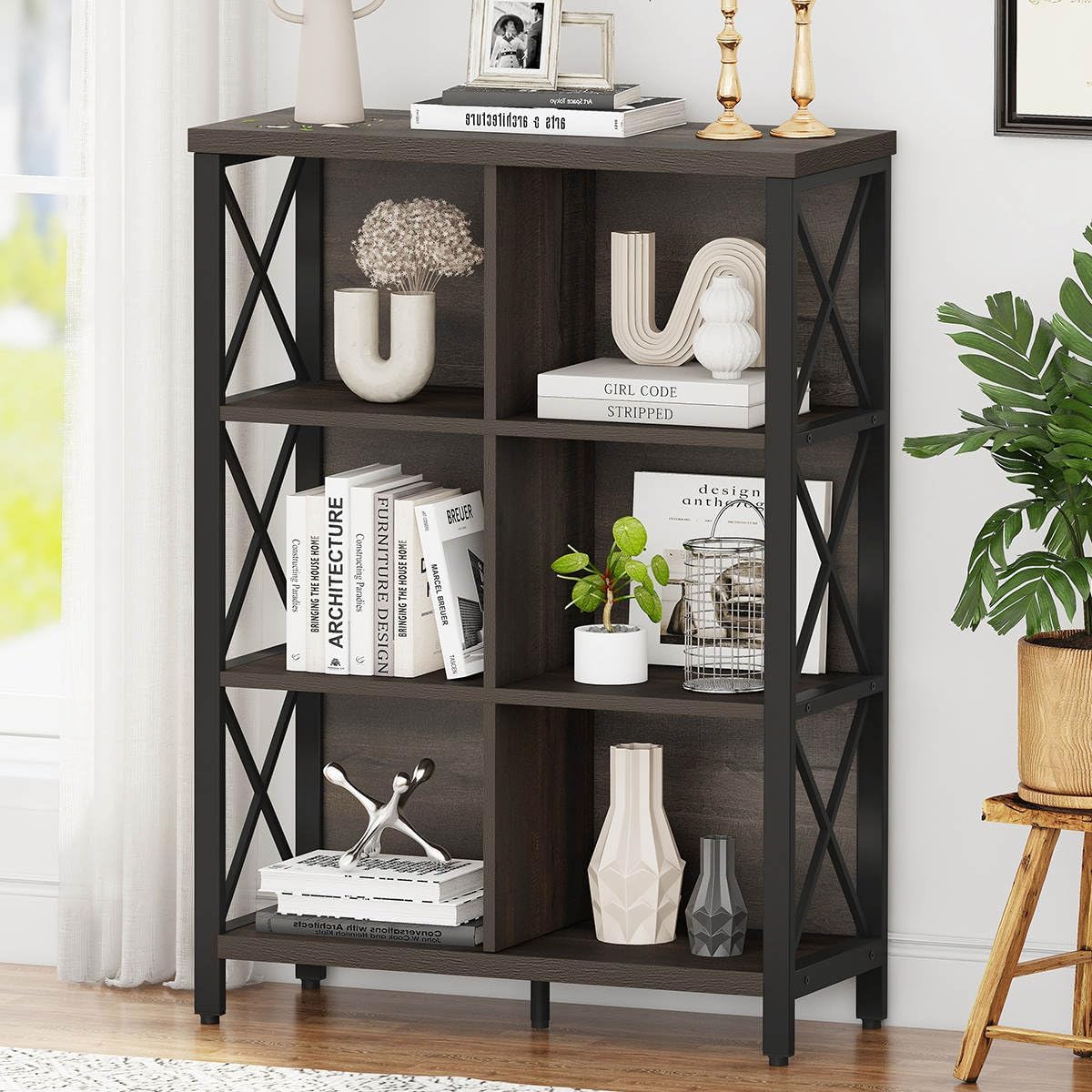 FATORRI 6 Cube Storage Organizer Shelf, Rustic Wood and Metal Cubby Bookcase, Industrial 4 Tier Cube Bookshelf (Walnut Brown)