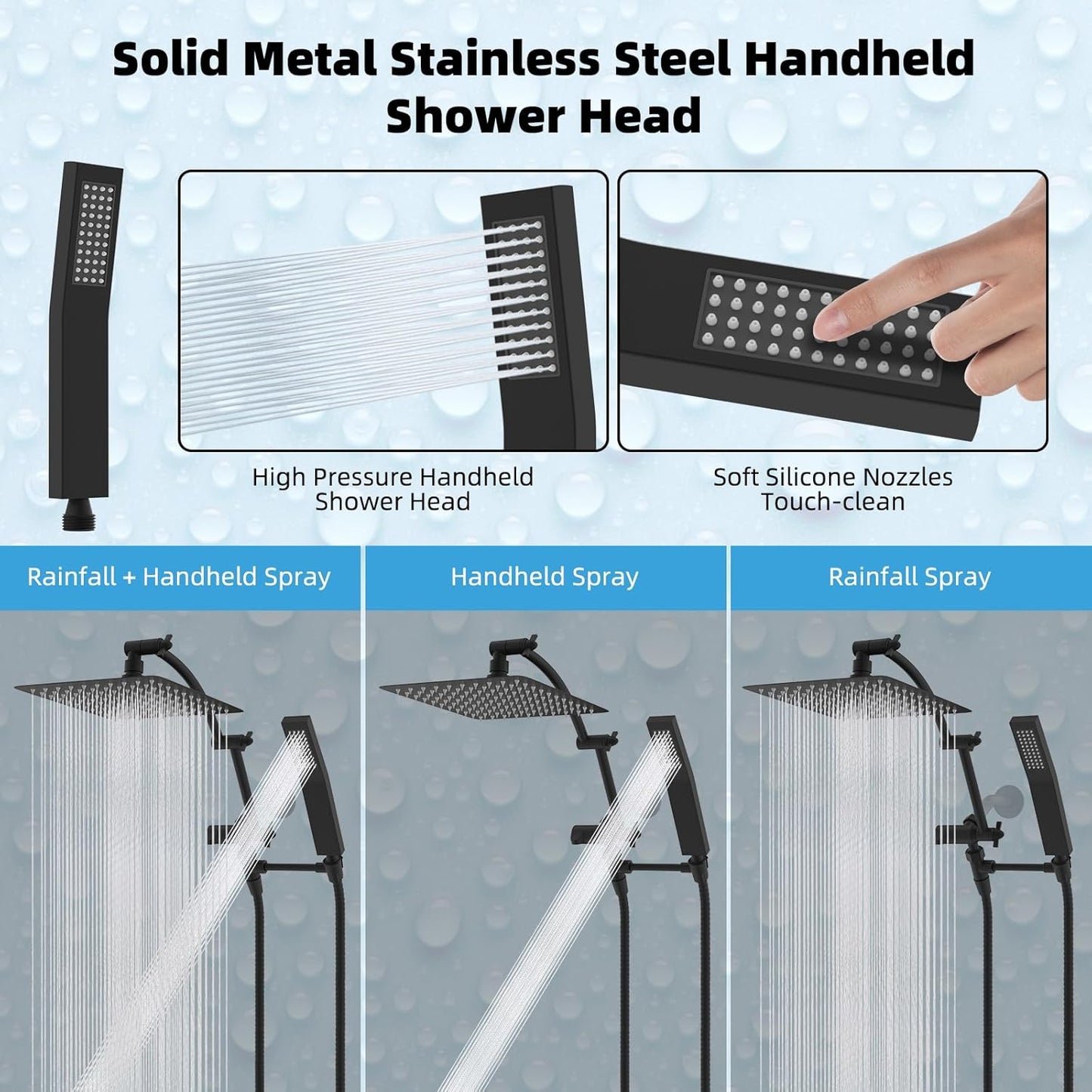 Hibbent All Metal 10'' Rainfall Shower Head, Dual Shower Head Combo, High Pressure Handheld Shower Wand, 16'' Adjustable Arc-shaped Shower Extension Arm, 71'' Hose, Showerhead Holder, Matte Black