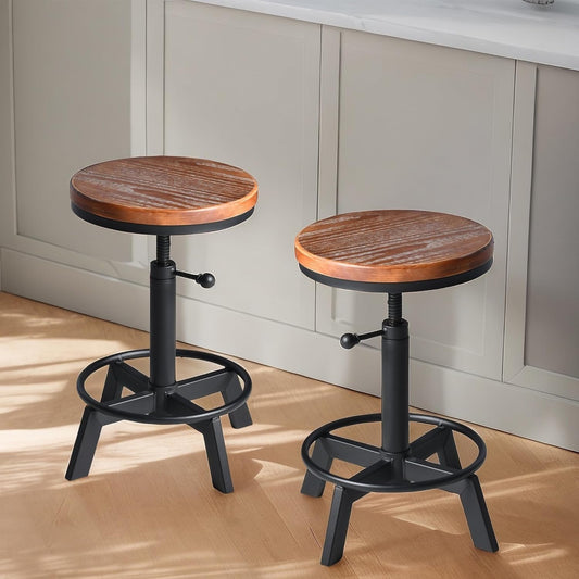 Set of 2-Industrial Bar Stool-Counter Height Chairs- Swivel Wooden Seat- Adjustable 17.7-24inch